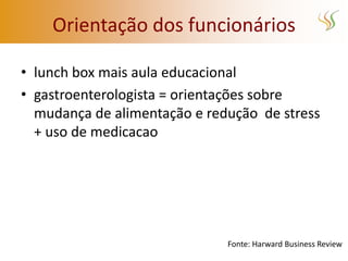 Orientação dos funcionários

• lunch box mais aula educacional
• gastroenterologista = orientações sobre
  mudança de alimentação e redução de stress
  + uso de medicacao




                              Fonte: Harward Business Review
 
