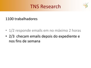 TNS Research

1100 trabalhadores

• 1/2 responde emails em no máximo 2 horas
• 2/3 checam emails depois do expediente e
  nos fins de semana
 