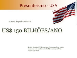 Presenteísmo - USA


  A perda da produtividade é:




US$ 150 BILHÕES/ANO

                         Fonte: Stewart, WF. Lost productive time and cost due to
                         mommon pain conditions in the US workforce. JAMA.
                         291(6):649;2004.
 