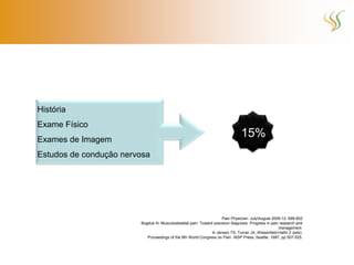 História
Exame Físico
Exames de Imagem
                                                                               15%
Estudos de condução nervosa




                                                                    Pain Physician: July/August 2009:12: 699-802
                        Bogduk N. Musculoskeletal pain: Toward precision diagnosis. Progress in pain research and
                                                                                                    management.
                                                              In Jensen TS, Turner JA, Wiesenfeld-Hallin Z (eds).
                           Proceedings of the 8th World Congress on Pain. IASP Press, Seattle, 1997, pp 507-525.
 