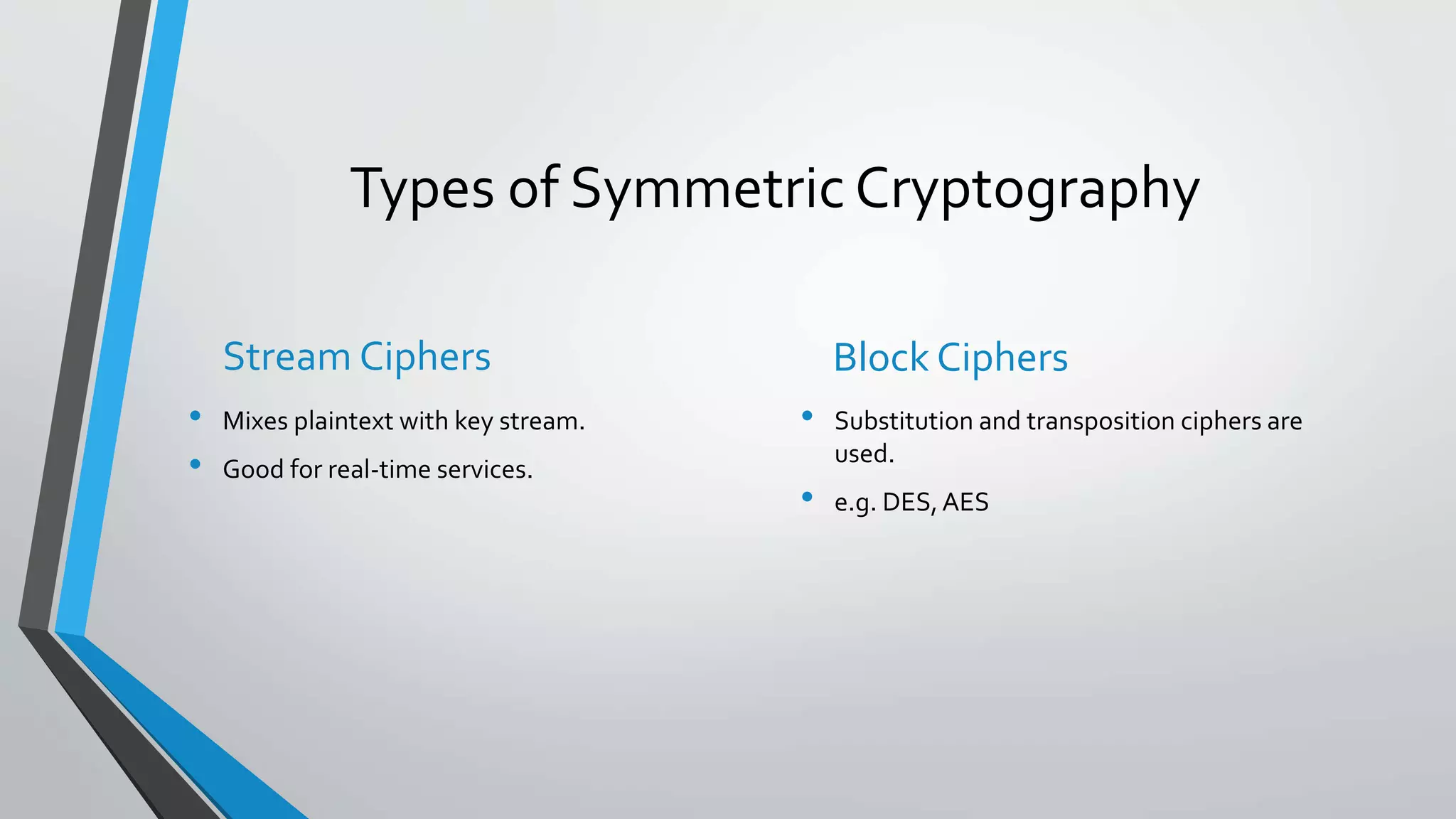 Types of Symmetric Cryptography
Stream Ciphers
• Mixes plaintext with key stream.
• Good for real-time services.
Block Ciphers
• Substitution and transposition ciphers are
used.
• e.g. DES,AES
 