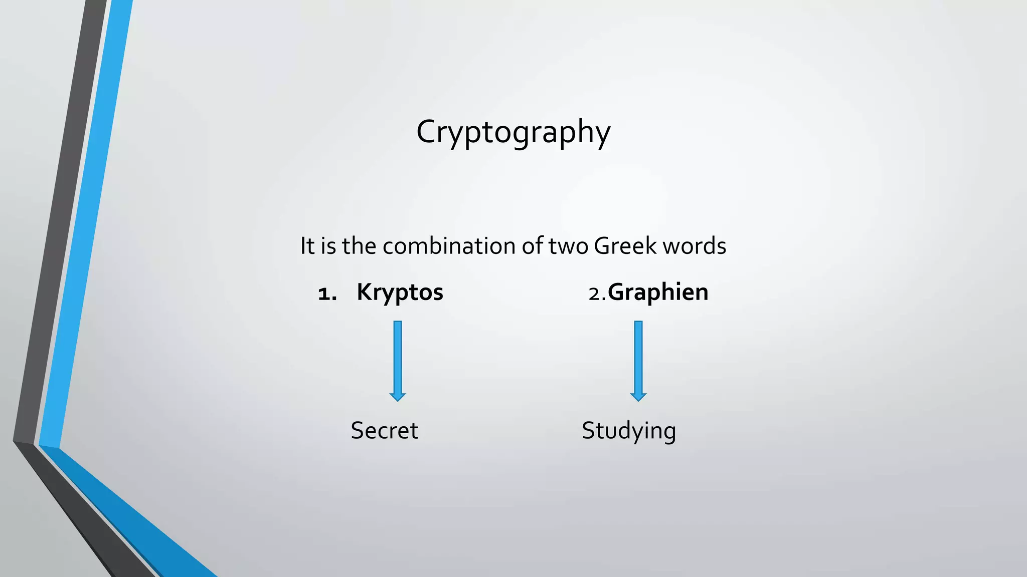 Cryptography
It is the combination of two Greek words
1. Kryptos 2.Graphien
Secret Studying
 