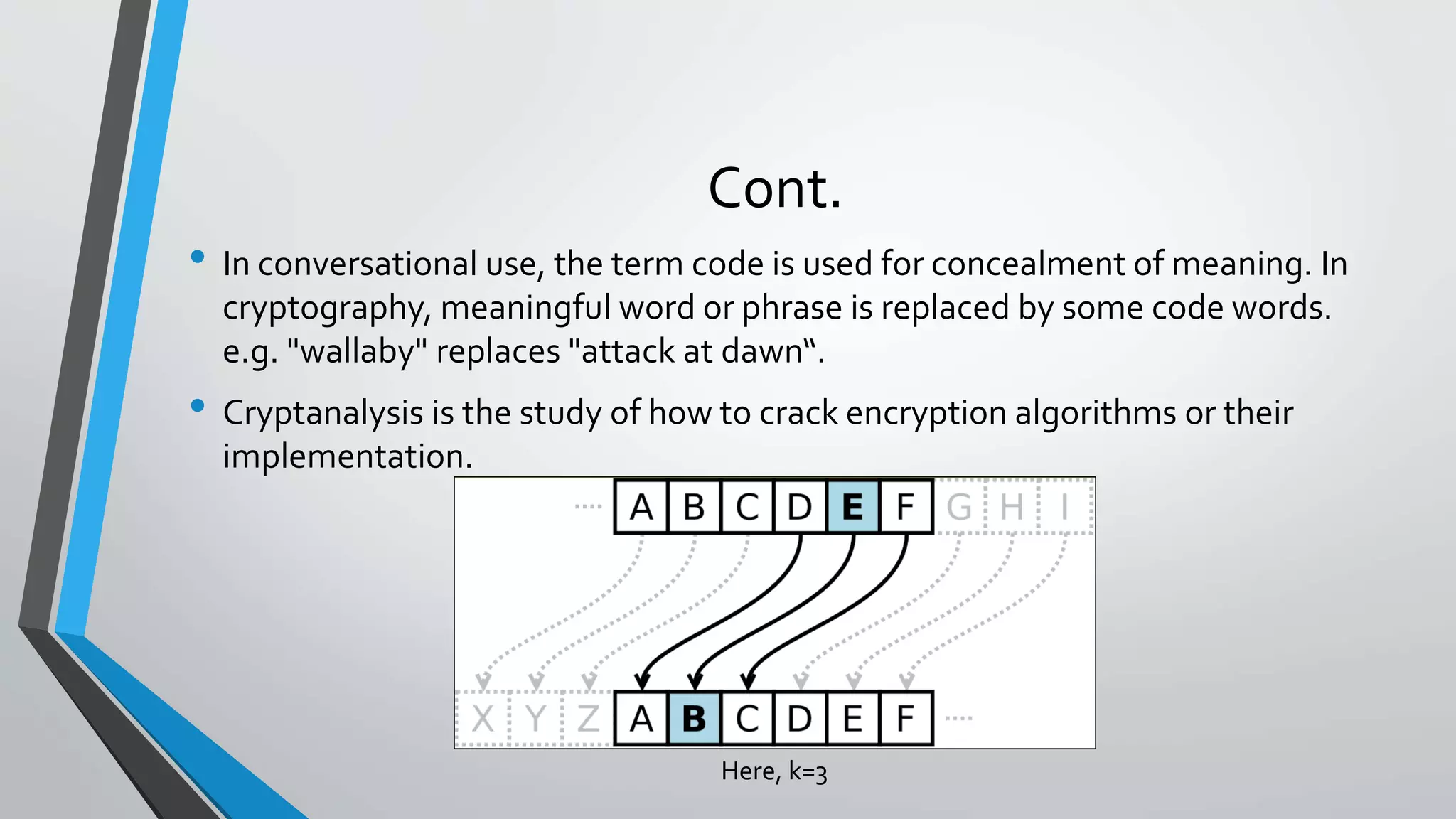 Cont.
• In conversational use, the term code is used for concealment of meaning. In
cryptography, meaningful word or phrase is replaced by some code words.
e.g. "wallaby" replaces "attack at dawn“.
• Cryptanalysis is the study of how to crack encryption algorithms or their
implementation.
Here, k=3
 