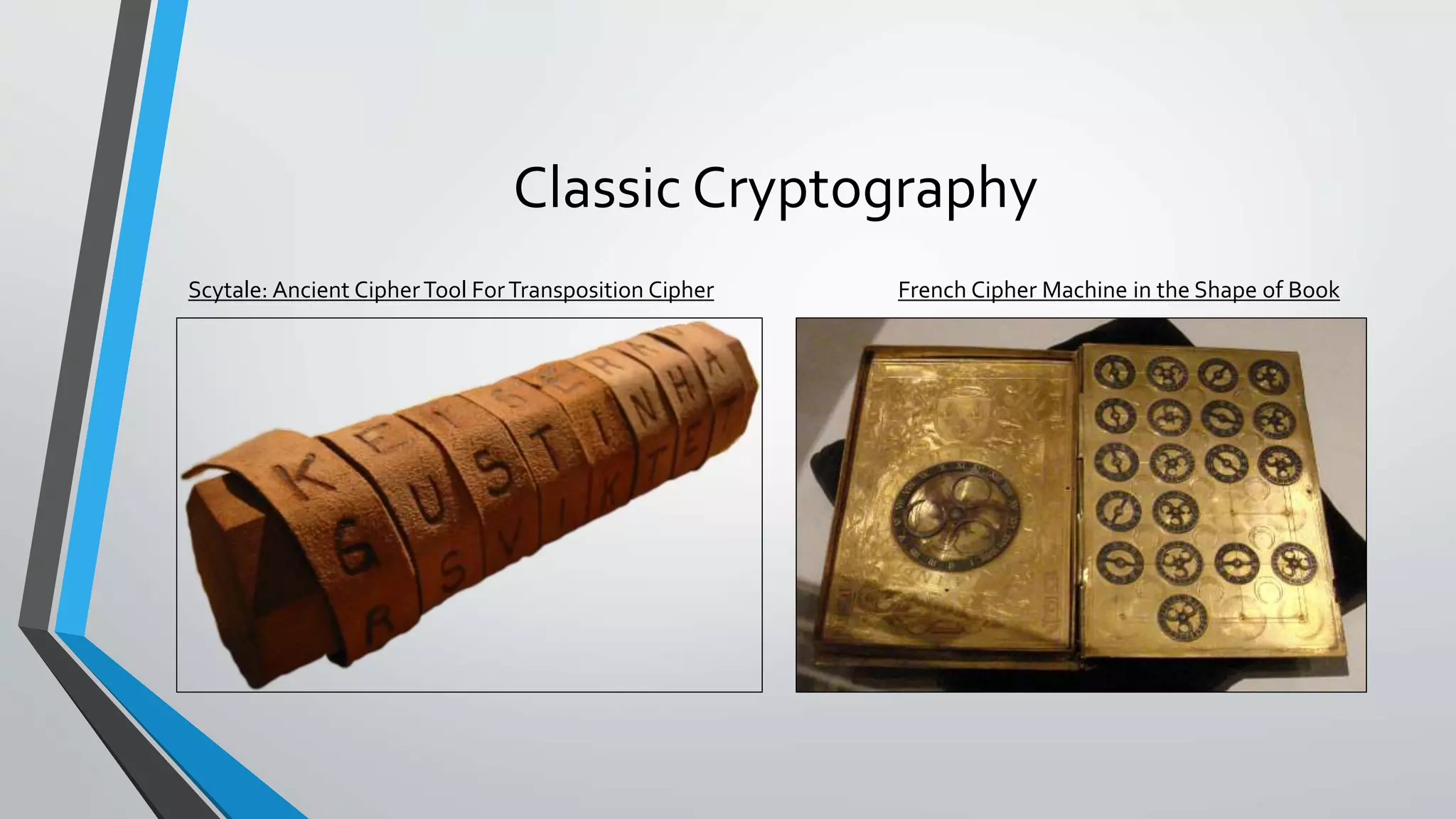 Classic Cryptography
Scytale: Ancient CipherTool ForTransposition Cipher French Cipher Machine in the Shape of Book
 