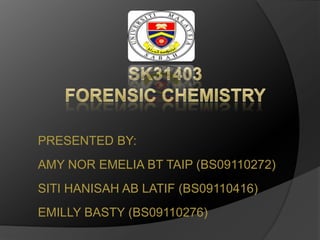 PRESENTED BY:
AMY NOR EMELIA BT TAIP (BS09110272)
SITI HANISAH AB LATIF (BS09110416)
EMILLY BASTY (BS09110276)
 