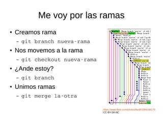 Me voy por las ramas
● Creamos rama
– git branch nueva­rama
● Nos movemos a la rama
– git checkout nueva­rama
● ¿Ande estoy?
– git branch
● Unimos ramas
– git merge la­otra
https://www.flickr.com/photos/fwolf/3389188179
CC-BY-SA-NC
 