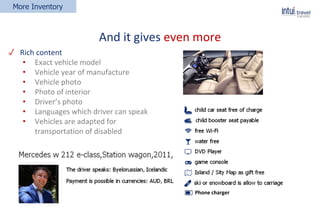 More Inventory
And it gives even more
✓ Rich content
• Exact vehicle model
• Vehicle year of manufacture
• Vehicle photo
• Photo of interior
• Driver’s photo
• Languages which driver can speak
• Vehicles are adapted for
transportation of disabled
Phone charger
 