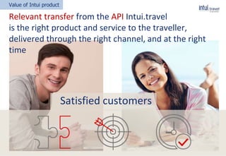 Value of Intui product
Satisfied customers
Relevant transfer from the API Intui.travel
is the right product and service to the traveller,
delivered through the right channel, and at the right
time
 