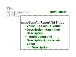แสดงข้อมูลใน Report ได้ 3 แบบ
  • Value แสดงค่าแต่ Value
  • Description แสดงค่าแต่
    Description
  • Both(Value and
    Description) แสดงค่าทัง
                          ้
    Value
   และ Description
 