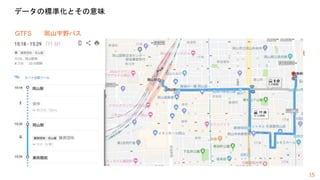15
GTFS 岡山宇野バス
• バスの時刻表フォーマット
• 2005年にGoogleがオレゴン州ポートランドの公共交通機関TriMetの情報をGoogle Transit（Google乗
換検索）に利用した際のフォーマットが原型
• 2006年、Googleはこのデータ形式をGoogle Transit Feed Specificationとして公開
• 2009年、Googleの名を冠していることによる無用な誤解や忌避を解消するために、名称が
Google Transit Feed SpecificationからGenral Transit Feed Specificationへ改められた
• 国交省バス時刻表の標準フォーマットを公開（GTFSベース）
• http://www.mlit.go.jp/common/001179007.pdf
Popolo
• 政治家データの標準仕様
• 選挙などで使用
• http://www.popoloproject.com/
データの標準化とその意味
 