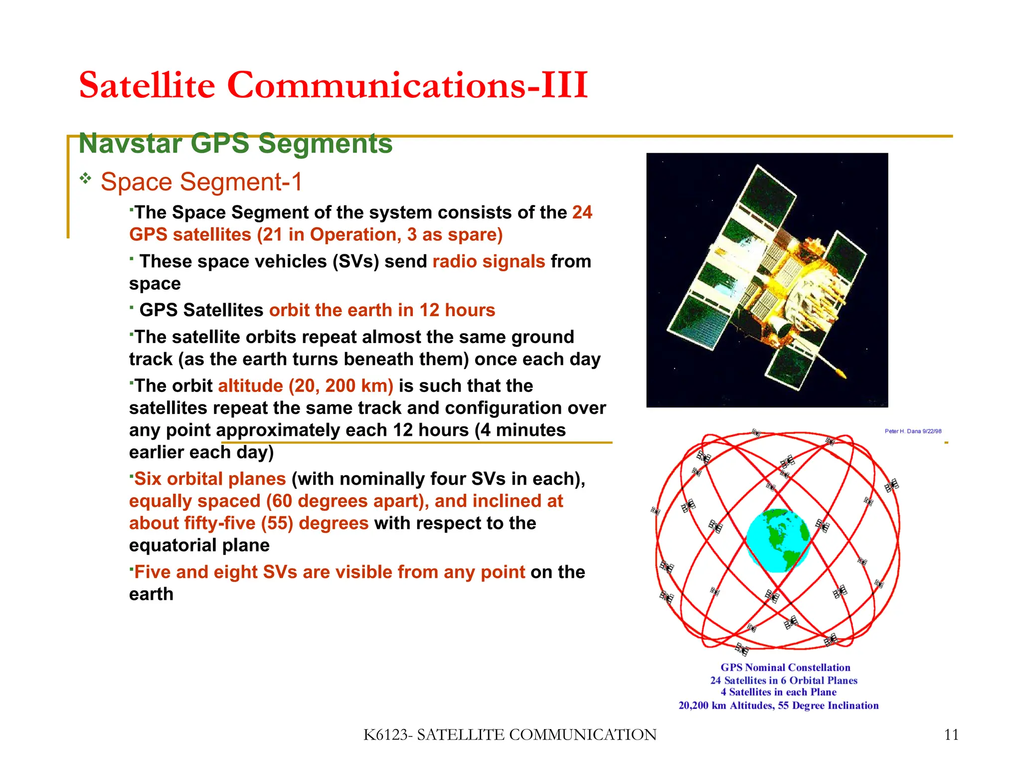 K6123- SATELLITE COMMUNICATION 11
Satellite Communications-III
Navstar GPS Segments
 Space Segment-1
The Space Segment of the system consists of the 24
GPS satellites (21 in Operation, 3 as spare)
 These space vehicles (SVs) send radio signals from
space
 GPS Satellites orbit the earth in 12 hours
The satellite orbits repeat almost the same ground
track (as the earth turns beneath them) once each day
The orbit altitude (20, 200 km) is such that the
satellites repeat the same track and configuration over
any point approximately each 12 hours (4 minutes
earlier each day)
Six orbital planes (with nominally four SVs in each),
equally spaced (60 degrees apart), and inclined at
about fifty-five (55) degrees with respect to the
equatorial plane
Five and eight SVs are visible from any point on the
earth
 