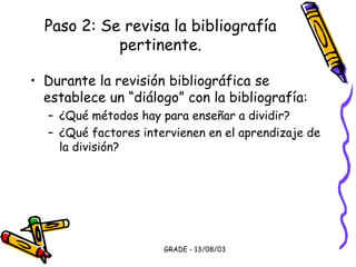 GRADE - 13/08/03
Paso 2: Se revisa la bibliografía
pertinente.
• Durante la revisión bibliográfica se
establece un “diálogo” con la bibliografía:
– ¿Qué métodos hay para enseñar a dividir?
– ¿Qué factores intervienen en el aprendizaje de
la división?
 