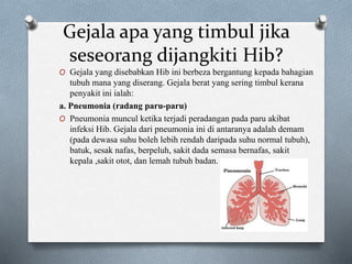 Gejala apa yang timbul jika
seseorang dijangkiti Hib?
O Gejala yang disebabkan Hib ini berbeza bergantung kepada bahagian
tubuh mana yang diserang. Gejala berat yang sering timbul kerana
penyakit ini ialah:
a. Pneumonia (radang paru-paru)
O Pneumonia muncul ketika terjadi peradangan pada paru akibat
infeksi Hib. Gejala dari pneumonia ini di antaranya adalah demam
(pada dewasa suhu boleh lebih rendah daripada suhu normal tubuh),
batuk, sesak nafas, berpeluh, sakit dada semasa bernafas, sakit
kepala ,sakit otot, dan lemah tubuh badan.
 