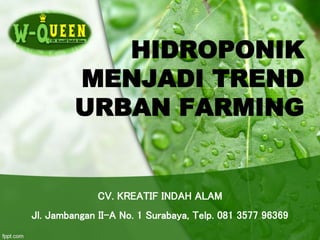 HIDROPONIK
MENJADI TREND
URBAN FARMING
CV. KREATIF INDAH ALAM
Jl. Jambangan II-A No. 1 Surabaya, Telp. 081 3577 96369
 