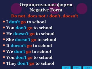 Отрицательная форма Negative Form Do not, does not / don’t, doesn’t I  don’t   go  to school You  don’t   go  to school He  doesn’t   go  to school She  doesn’t   go  to school It  doesn’t   go  to school We  don’t   go  to school You  don’t   go  to school They  don’t   go  to school back menu next 