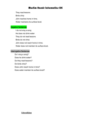 Muslim Hands Informatics UK
They read lessons
Birds chirp
John reaches home in time.
Water maintains its surface level.
Negative Sentences
I do not sing a song
He does not drink water
They do not read lessons
Birds do not chirp
John does not reach home in time.
Water does not maintain its surface level.
Interrogative Sentences
Do I sing a song?
Does he drink water?
Do they read lessons?
Do birds chirp?
Does John reach home in time?
Does water maintain its surface level?

Eduwalikhan

 