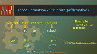 Tense Formation / Structure (Affirmative)
Subject + Verb (1st Form) + Object
I go to school
Shaikh Waqas Ahmed Behzad Prin.waqas@gmail.com
Example
‫میں‬
‫سکول‬
‫جاتا‬
‫ہوں‬
I go to school
Here “to” is a directional preposition…
‫میں‬ ‫سکو‬
‫ل‬
‫جاتا‬
‫ہوں‬ (
‫مفعول‬
)
(
‫فعل‬
)
(
‫فاعل‬
)
 
