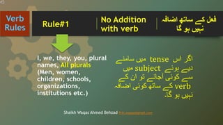 No Addition
with verb
I, we, they, you, plural
names, All plurals
(Men, women,
children, schools,
organizations,
institutions etc.)
‫اض‬ ‫ساتھ‬ ‫کے‬ ‫فعل‬
‫ا‬
‫فہ‬
‫گا‬ ‫ہو‬ ‫نہیں‬
‫اس‬ ‫اگر‬
tense
‫سامنے‬ ‫میں‬
‫ہوئے‬ ‫دیے‬
subject
‫میں‬
‫کے‬ ‫ان‬ ‫تو‬ ‫آجائے‬ ‫کوئی‬ ‫سے‬
verb
‫اضاف‬ ‫کوئی‬ ‫ساتھ‬ ‫کے‬
‫ہ‬
‫گا۔‬ ‫ہو‬ ‫نہیں‬
Verb
Rules
Shaikh Waqas Ahmed Behzad Prin.waqas@gmail.com
Rule#1
 