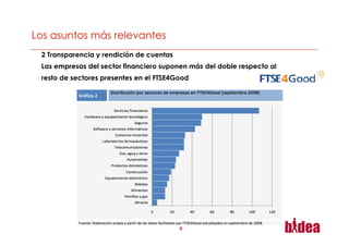 2 Transparencia y rendición de cuentas
Las empresas del sector financiero suponen más del doble respecto al
resto de sectores presentes en el FTSE4Good




                                         8
 