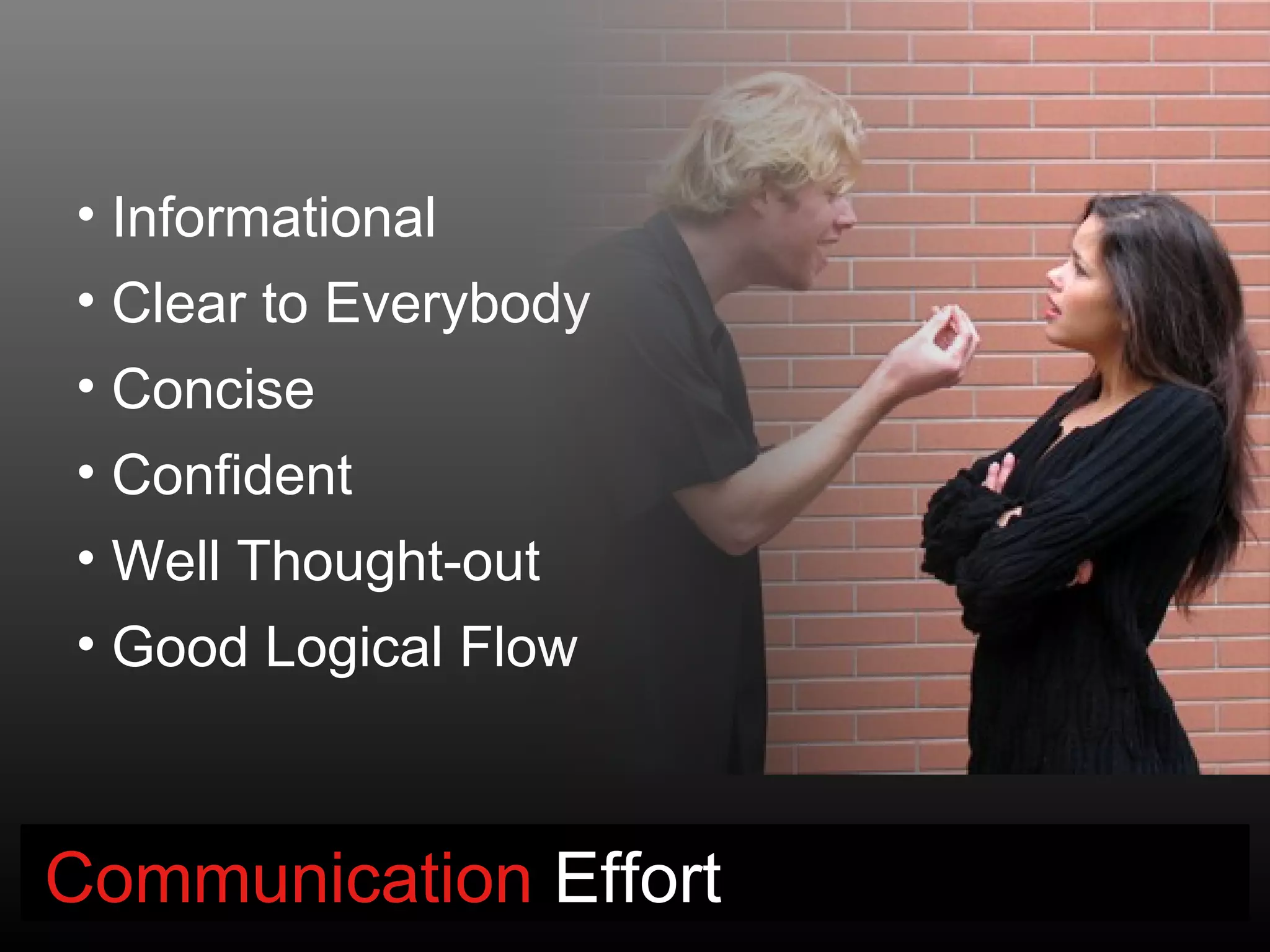 • Informational
• Clear to Everybody
• Concise
• Confident
• Well Thought-out
• Good Logical Flow



Communication Effort
 