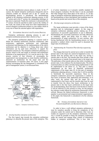 the enterprise architecture process phases is made. In the 3rd        is of prime importance as it presents suitable standard for
section, the federal enterprise architecture framework and its        future progress evaluation. On this basis it can be concluded
reference models are discussed and in the 4th section the             that what changes have taken place in the state [2, 3]. At this
benchmarking process is introduced. The benchmarking                  stage of enterprise architecture planning process no need is felt
method in the enterprise architecture planning process, in the        for benchmarking as these descriptions and modeling must be
5th section and in the 6th section, the outstanding challenges in     based on the present and current facts of the enterprise.
this area is expressed. Finally the conclusion is presented in the
7th section. It must be said that in order to prove the validity of   B. Develop target enterprise architecture
this work, the results of this study have been implemented on
several enterprise architecture projects as case studies which in         The target architecture must provide a vision of the future
every one of them the outcome agrees with expectations.
                                                                      operation and its technological support. At this stage of
                                                                      enterprise architecture planning process making use of the
     II.   ENTERPRISE ARCHITECTURE PLANNING PROCESS                   experiences of successful organizations or put it differently,
    Enterprise architecture planning process is part of               benchmarking the successful experiences can help effectively
enterprise architecture process that is shown in Fig. 1.              to reliability, agility and being close to reality of the
                                                                      documentation of target architecture. In next sections, after
    The enterprise architecture planning is a process used to         having familiarized with the benchmarking process we have
define the essential architecture (business architecture, data        presented a method which would be used to document the
architecture, application architecture and technology                 target state of architecture.
architecture) and planning for the implementation of the above
architecture and its objective is to bring about state where          C. Implementing the Transition Plan (develop sequencing
information can be used more effectively to support the                   plan)
enterprise mission [2]. The enterprise architecture planning is a
process which in the end results in missions and architecture             The changes that must be carried out in order to transfer the
definition of an organization [3]. As it can be seen in fig. 1 this   present state to the target one cannot be happened at once. To
process consists of four elements of encouraging the                  transfer from the present state to the target one, having a
organization's top management, to create baseline architecture,       transfer plan is the best. The transfer plan must include a step
document an architecture for the target state and the                 by step process to transfer from present state to the target one.
implementation of transition plans. Of course, in this paper          The particulars of the transfer plan are that while it includes the
because encouraging the top management is considered to be            present state, it also embraces the development plan. The above
part of management system, is not discussed here.                     mentioned plans are either currently being implemented or will
                                                                      be implemented in the future [1, 2]. This plan is mainly
                                                                      implemented on the basis of identified architectural
                                                                      requirements of the target state [2]. In this part of enterprise
                                                                      architecture planning process, it seems that it will be possible
                                                                      to benchmark the successful experiences. Since in the
                                                                      enterprise architecture process the organization is studied in
                                                                      four layers of business, data, application and technology, or in
                                                                      other word, the present state and the target one are
                                                                      implemented in four layers and the transfer plan must be used
                                                                      to transfer from the above four layers architecture in the
                                                                      present state to the four layers architecture in the target state
                                                                      [6]. In benchmarking, these four layers must be born in mind as
                                                                      it will be referred to in the sections to come, for this purpose,
                                                                      the reference model offered by architecture frameworks will be
                                                                      utilized. Because the federal architecture framework is more
                                                                      popular in governmental and nongovernmental organizations ,
                                                                      in this paper, this framework is considered to be the reference
                                                                      framework.

                                                                                III. FEDERAL ENTERPRISE ARCHITECTURE
               Figure 1. Enterprise Architecture Process
                                                                              FRAMEWORK(FEAF) AND REFERENCE MODELS

                                                                          In order to have a well defined enterprise architecture it
                                                                      must be somehow possible to bring the complexity of the
                                                                      enterprise under the control and to determine what views or
                                                                      models are required to do the enterprise architecture. In this
A. develop baseline enterprise architecture                           way it would be possible to bring the enterprise architecture
   The first logical step towards the enterprise architecture         under the control and manage large volume of information
planning is to describe the present state of the enterprise. This     hidden in enterprise architecture. This is how John A.
 