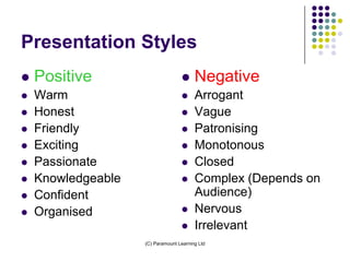 Presentation Styles
   Positive                            Negative
   Warm                                Arrogant
   Honest                              Vague
   Friendly                            Patronising
   Exciting                            Monotonous
   Passionate                          Closed
   Knowledgeable                       Complex (Depends on
   Confident                            Audience)
   Organised                           Nervous
                                        Irrelevant
                    (C) Paramount Learning Ltd
 