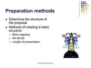 Preparation methods
   Determine the structure of
    the proposal
   Methods of creating a basic
    structure
       Mind mapping
       A4-A5-A6
       Length of presentation




                            (C) Paramount Learning Ltd
 