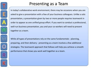 Presenting as a Team
In today’s collaborative work environment, there may be occasions when you are
asked to give a presen...