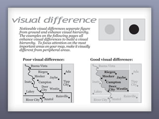 visual difference
see the point of your map.
Noticeable visual differences separate figure
from ground and enhance visual hierarchy.
The examples on the following pages all
enhance visual differences to build a visual
hierarchy. To focus attention on the most
important areas on your map, make it visually
different from peripheral areas.
Poor visual difference:
Inatz
Lakey
Ada
Meeker
River City
Rainville
Riegen
Tipp
City
Anatol
Buena Vista
Campton
Westin
Deer
City
Jaybe
Campton
Meeker
Riegen
Campton
Westin
Deer
City
Jaybe
Inatz
Lakey
Ada
River City
Rainville
Tipp
City
Anatol
Buena Vista
Good visual difference:
Meeker
Riegen
Campton
Westin
Deer
City
Jaybe
Inatz
Lakey
Ada
River City
Rainville
Tipp
City
Anatol
Buena Vista
 