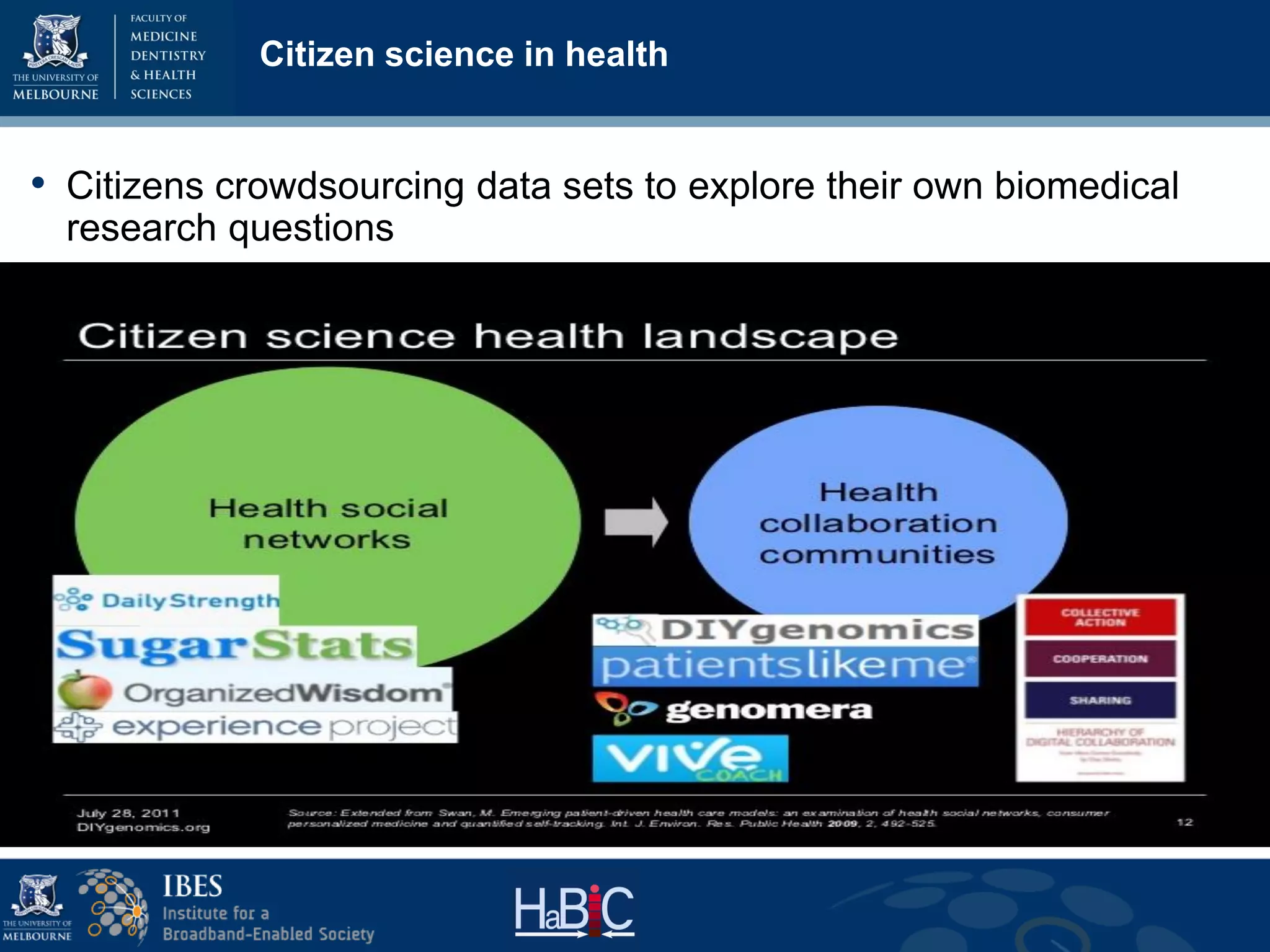 Citizen science in health
• Citizens crowdsourcing data sets to explore their own biomedical
research questions
 