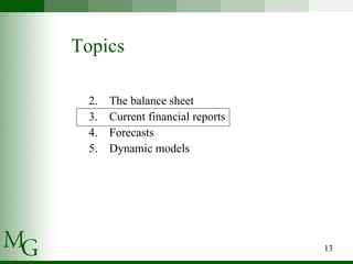 Topics The balance sheet Current financial reports Forecasts Dynamic models 