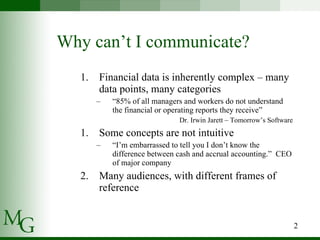 Why can’t I communicate? Financial data is inherently complex – many data points, many categories “ 85% of all managers and workers do not understand the financial or operating reports they receive” Dr. Irwin Jarett – Tomorrow’s Software Some concepts are not intuitive “ I’m embarrassed to tell you I don’t know the difference between cash and accrual accounting.”  CEO of major company  Many audiences, with different frames of reference 