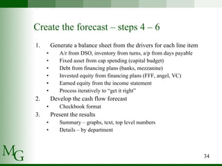 Generate a balance sheet from the drivers for each line item A/r from DSO, inventory from turns, a/p from days payable Fixed asset from cap spending (capital budget) Debt from financing plans (banks, mezzanine) Invested equity from financing plans (FFF, angel, VC) Earned equity from the income statement Process iteratively to “get it right” Develop the cash flow forecast  Checkbook format Present the results Summary – graphs, text, top level numbers Details – by department Create the forecast – steps 4 – 6 