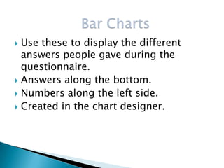  Use these to display the different
  answers people gave during the
  questionnaire.
 Answers along the bottom.
 Numbers along the left side.
 Created in the chart designer.
 