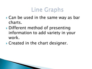  Can be used in the same way as bar
  charts.
 Different method of presenting
  information to add variety in your
  work.
 Created in the chart designer.
 