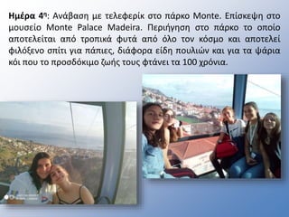 Ημέρα 4η: Ανάβαση με τελεφερίκ στο πάρκο Monte. Επίσκεψη στο
μουσείο Monte Palace Madeira. Περιήγηση στο πάρκο το οποίο
αποτελείται από τροπικά φυτά από όλο τον κόσμο και αποτελεί
φιλόξενο σπίτι για πάπιες, διάφορα είδη πουλιών και για τα ψάρια
κόι που το προσδόκιμο ζωής τους φτάνει τα 100 χρόνια.
 
