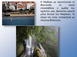 Η Μαδέρα με πρωτεύουσα το
Φουντσάλ, το οποίο
επισκέφθηκε η ομάδα του
σχολείου μας, βρίσκεται αρκετά
μίλια δυτικά του Μαρόκου. Το
κλίμα της είναι υποτροπικό με
πλούσια βλάστηση.
 