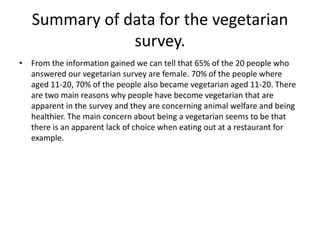 Summary of data for the vegetarian
               survey.
• From the information gained we can tell that 65% of the 20 people who
  answered our vegetarian survey are female. 70% of the people where
  aged 11-20, 70% of the people also became vegetarian aged 11-20. There
  are two main reasons why people have become vegetarian that are
  apparent in the survey and they are concerning animal welfare and being
  healthier. The main concern about being a vegetarian seems to be that
  there is an apparent lack of choice when eating out at a restaurant for
  example.
 