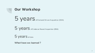 Our Workshop
5 yearsof Demand Driven Acquisition (DDA)
5 yearsof Evidence Based Acquisition (EBA)
5 yearsof data
What have we learned ?
2
 