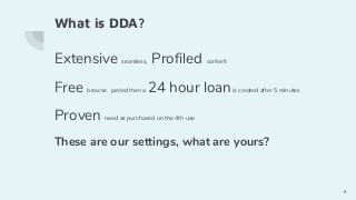 What is DDA?
Extensive seamless, Profiled content
Free browse period then a 24 hour loanis created after 5 minutes
Proven need as purchased on the 4th use
These are our settings, what are yours?
8
 