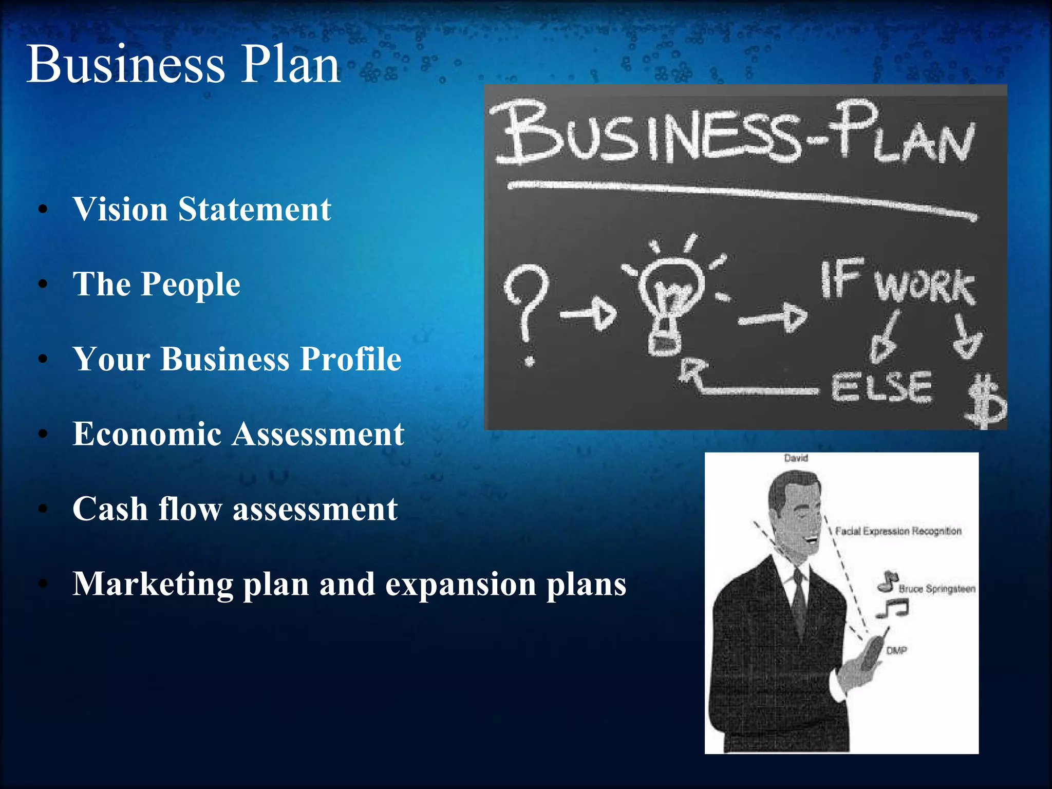 Business Plan Vision Statement   The People     Your Business Profile   Economic Assessment   Cash flow assessment     Marketing plan and expansion plans    