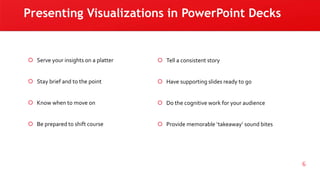 Presenting Visualizations in PowerPoint Decks
 Serve your insights on a platter
 Stay brief and to the point
 Know when to move on
 Be prepared to shift course
6
 Tell a consistent story
 Have supporting slides ready to go
 Do the cognitive work for your audience
 Provide memorable ‘takeaway’ sound bites
 