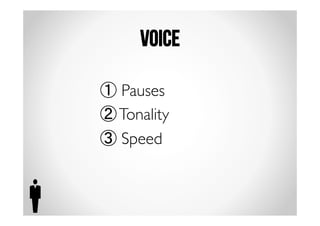 Voice 
① Pauses 
② Tonality 
③ Speed 
 