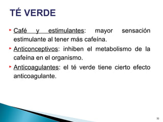  Café y estimulantes: mayor sensación
estimulante al tener más cafeína.
 Anticonceptivos: inhiben el metabolismo de la
cafeína en el organismo.
 Anticoagulantes: el té verde tiene cierto efecto
anticoagulante.
32
 