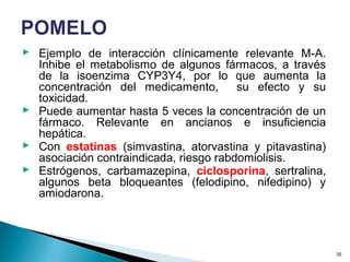  Ejemplo de interacción clínicamente relevante M-A.
Inhibe el metabolismo de algunos fármacos, a través
de la isoenzima CYP3Y4, por lo que aumenta la
concentración del medicamento, su efecto y su
toxicidad.
 Puede aumentar hasta 5 veces la concentración de un
fármaco. Relevante en ancianos e insuficiencia
hepática.
 Con estatinas (simvastina, atorvastina y pitavastina)
asociación contraindicada, riesgo rabdomiolisis.
 Estrógenos, carbamazepina, ciclosporina, sertralina,
algunos beta bloqueantes (felodipino, nifedipino) y
amiodarona.
35
 