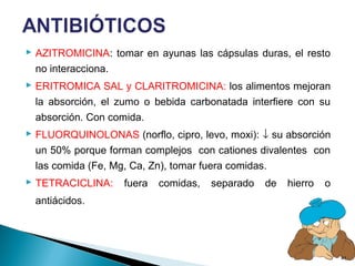 41
 AZITROMICINA: tomar en ayunas las cápsulas duras, el resto
no interacciona.
 ERITROMICA SAL y CLARITROMICINA: los alimentos mejoran
la absorción, el zumo o bebida carbonatada interfiere con su
absorción. Con comida.
 FLUORQUINOLONAS (norflo, cipro, levo, moxi): ↓ su absorción
un 50% porque forman complejos con cationes divalentes con
las comida (Fe, Mg, Ca, Zn), tomar fuera comidas.
 TETRACICLINA: fuera comidas, separado de hierro o
antiácidos.
 
