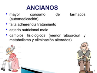 ANCIANOS
 mayor consumo de fármacos
(automedicación)
 falta adherencia tratamiento
 estado nutricional malo
 cambios fisiológicos (menor absorción y
metabolismo y eliminación alterados)
8
 