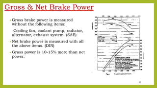 31
Gross & Net Brake Power
• Gross brake power is measured
without the following items:
Cooling fan, coolant pump, radiator,
alternator, exhaust system. (SAE)
• Net brake power is measured with all
the above items. (DIN)
• Gross power is 10-15% more than net
power.
 