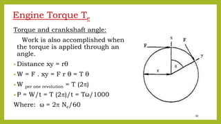 32
Engine Torque Te
Torque and crankshaft angle:
Work is also accomplished when
the torque is applied through an
angle.
• Distance xy = rθ
• W = F . xy = F r θ = T θ
• W per one revolution = T (2)
• P = W/t = T (2)/t = Tω/1000
Where: ω = 2 Ne/60
 