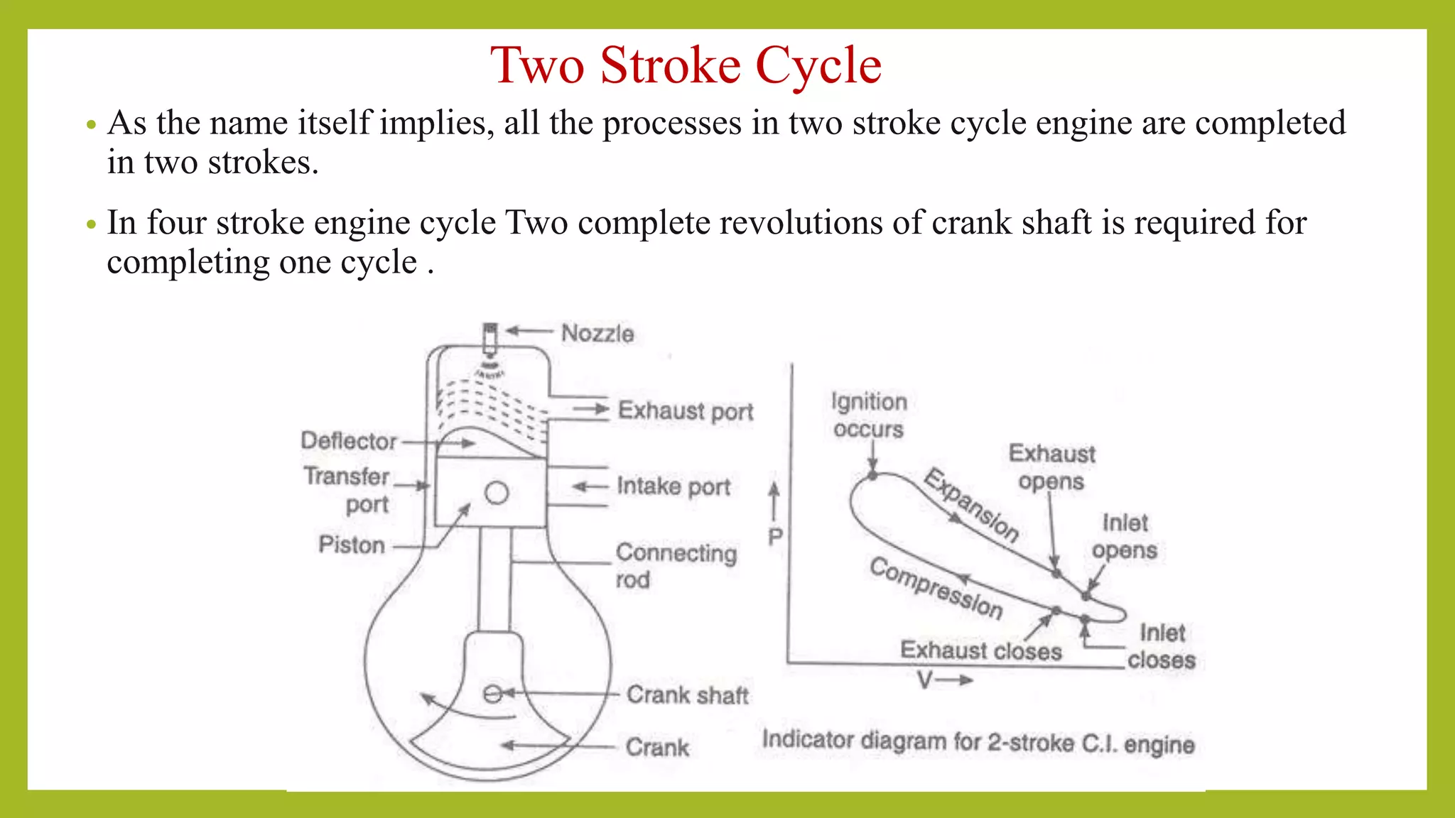 Two Stroke Cycle
• As the name itself implies, all the processes in two stroke cycle engine are completed
in two strokes.
• In four stroke engine cycle Two complete revolutions of crank shaft is required for
completing one cycle .
 